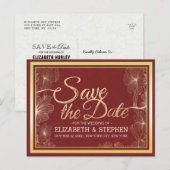 Modern Red Gold Floral Lijst Wedding Save the Date Aankondigingskaart (Voorkant / Achterkant)