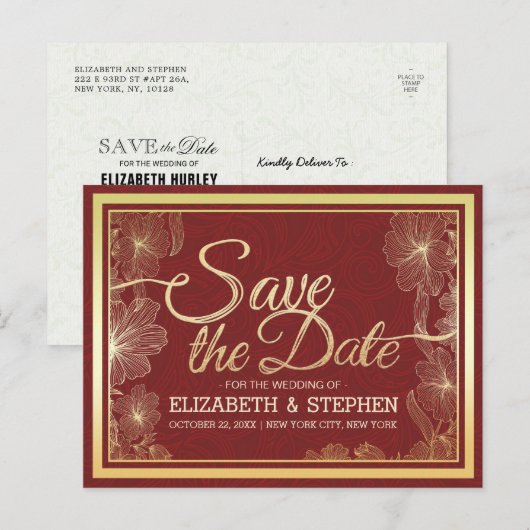 Modern Red Gold Floral Lijst Wedding Save the Date Aankondigingskaart (Voorkant / Achterkant)