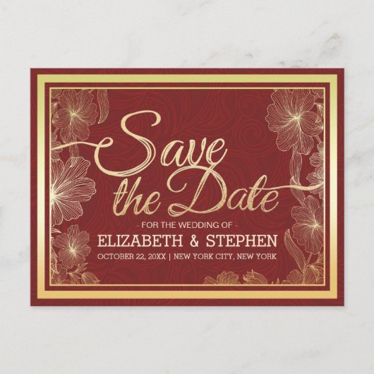 Modern Red Gold Floral Lijst Wedding Save the Date Aankondigingskaart (Voorkant)