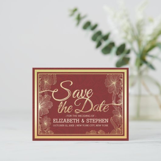 Modern Red Gold Floral Lijst Wedding Save the Date Aankondigingskaart (Staand voorkant)