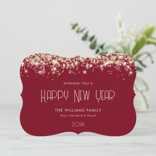 Modern Red Gold Glitter Happy New Year Kaart (Staand voorkant)