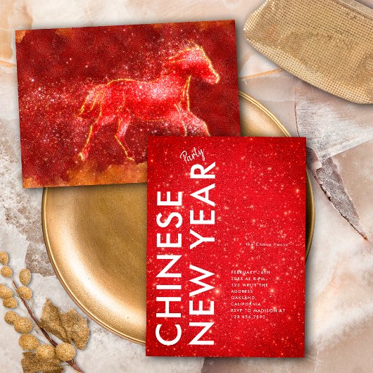 Modern Red Gold Glitter Horse 2026 Lunar New Year Kaart
