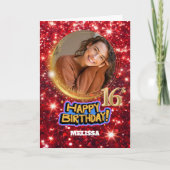 Modern Red & Gold Glitter Photo Name 16th Birthday Kaart (Voorkant)