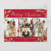 Modern Red Gold Leaves Foto Collage Kerstmis Briefkaart (Voorkant)