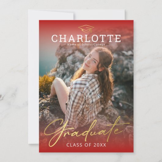 Modern Red Gold Photo Afstuderen Invitation Kaart (Voorkant)