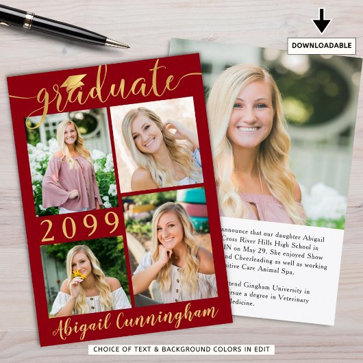 Modern Red Gold Script 5 Foto Afstuderen Aankondiging