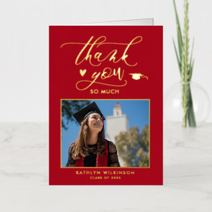 Modern Red Gold Script Afstuderen Hartelijk dank Folie Wenskaart