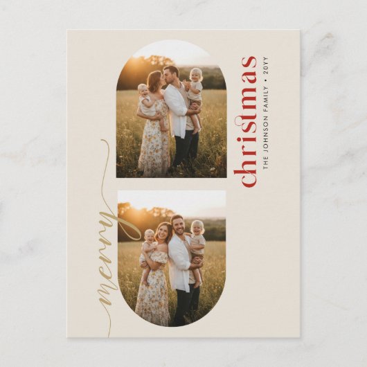 Modern Red & Gold Script Family Photo Christmas Feestdagenkaart (Voorkant)