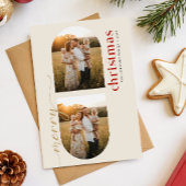 Modern Red & Gold Script Family Photo Christmas Feestdagenkaart