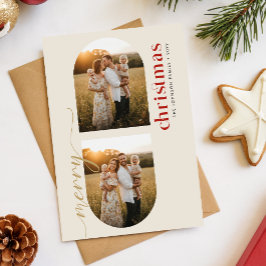 Modern Red & Gold Script Family Photo Christmas Feestdagenkaart
