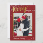 Modern Red Gold Script Merry-kerstfoto Feestdagenkaart (Voorkant)