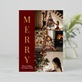 Modern Red Gold Script Merry-kerstfoto Folie Feestdagenkaart (Staand Voorkant)
