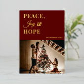 Modern Red Gold Script Peace Joy Hope Foto Folie Feestdagenkaart (Staand Voorkant)
