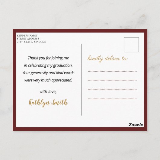 Modern Red Gold Script Photo Afstuderen Hartelijk Briefkaart (Achterkant)