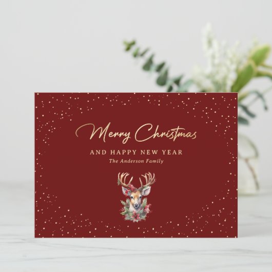 Modern Red Gold Snow Reindester Feestdagenkaart (Staand voorkant)