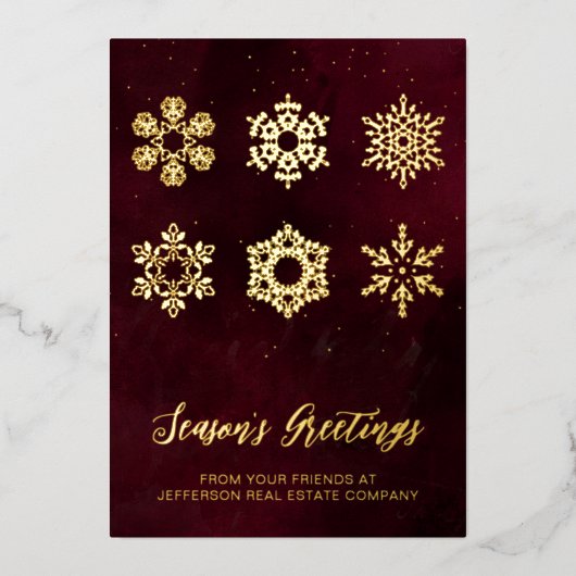 Modern Red Gold Snowflakes Business Folie Feestdagenkaart (Voorkant)