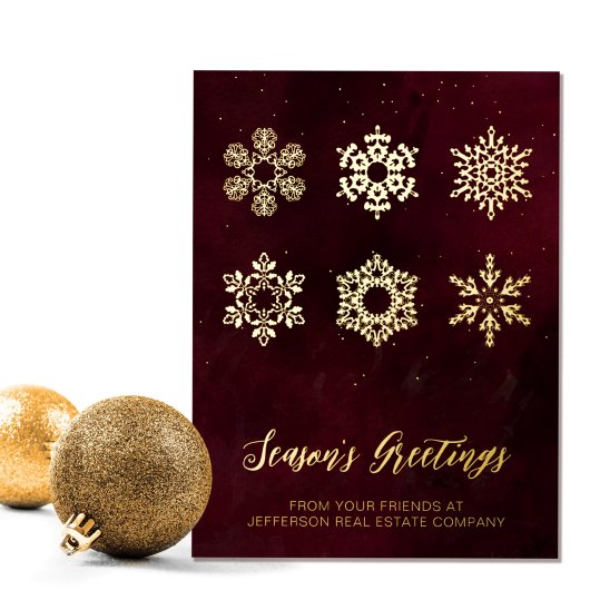 Modern Red Gold Snowflakes Business Folie Feestdagenkaart