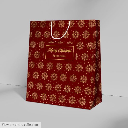Modern Red Gold Snowflakes Christmas Gift Bag Medium Cadeauzakje