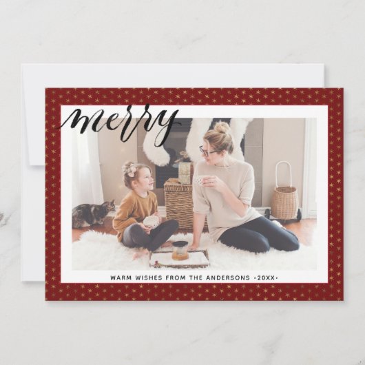 Modern Red Gold Snowflakes stijlvolle Script MERRY Feestdagenkaart (Voorkant)