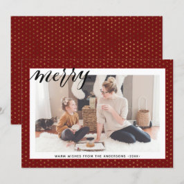 Modern Red Gold Snowflakes stijlvolle Script MERRY Feestdagenkaart