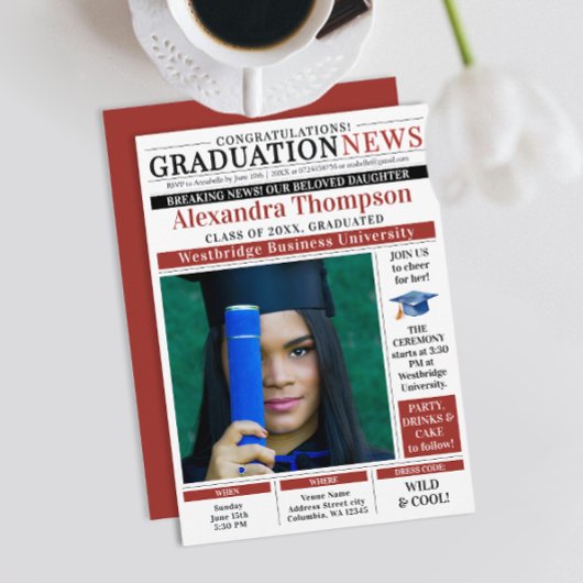 Modern Red Graduation Newspaper Front Page College Kaart