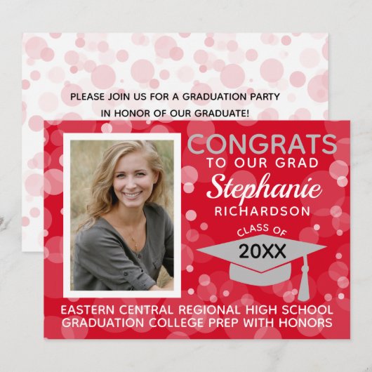 Modern Red Gray Bokeh Bubbles Foto Afstuderen Kaart (Voorkant / Achterkant)