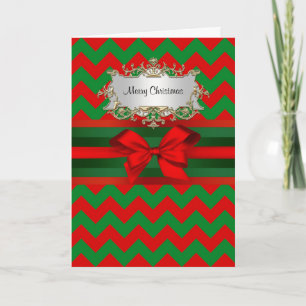 Modern Red Green Chevron Zig-Zag met kerst Feestdagen Kaart