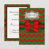 Modern Red Green Chevron Zig-Zag met kerst RSVP Kaartje (Voorkant / Achterkant)