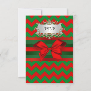 Modern Red Green Chevron Zig-Zag met kerst RSVP Kaartje