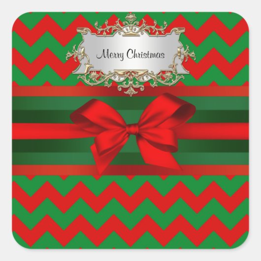 Modern Red Green Chevron Zig-Zag met kerst Vierkante Sticker (Voorkant)