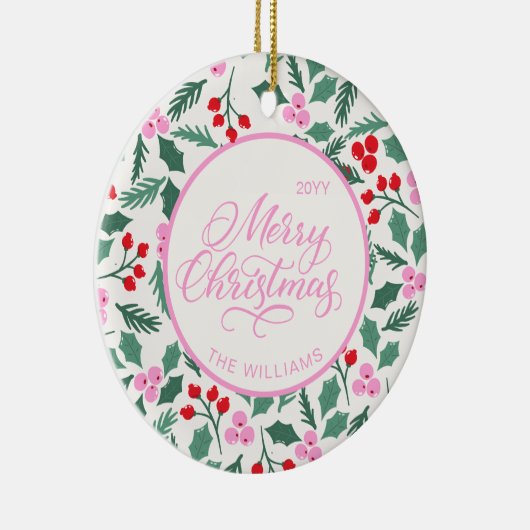 Modern Red & Green Christmas Floral Pattern Keramisch Ornament (Rechts)