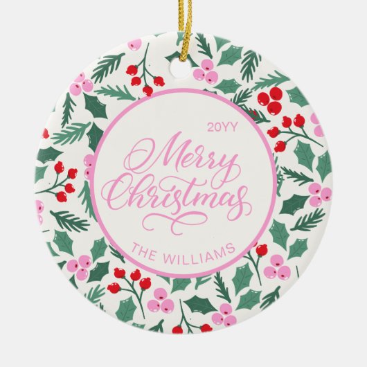 Modern Red & Green Christmas Floral Pattern Keramisch Ornament (Voorkant)