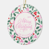 Modern Red & Green Christmas Floral Pattern Keramisch Ornament (Links)