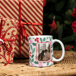 Modern Red & Green Christmas Floral Pattern Koffiemok