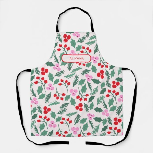 Modern Red & Green Christmas Floral Pattern Schort (Voorkant)