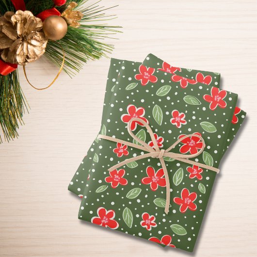Modern Red & Green Floral Holiday Inpakpapier Vel