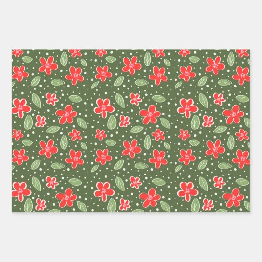 Modern Red & Green Floral Holiday Inpakpapier Vel (Voorkant 2)