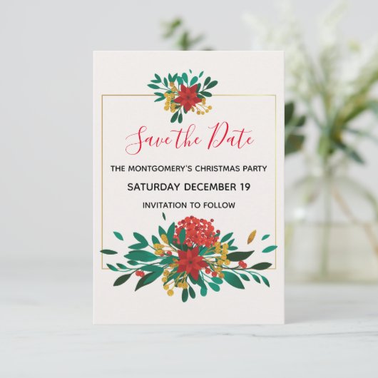 Modern Red Green & Gold Kerstfeest Bouquet Party Save The Date (Staand voorkant)