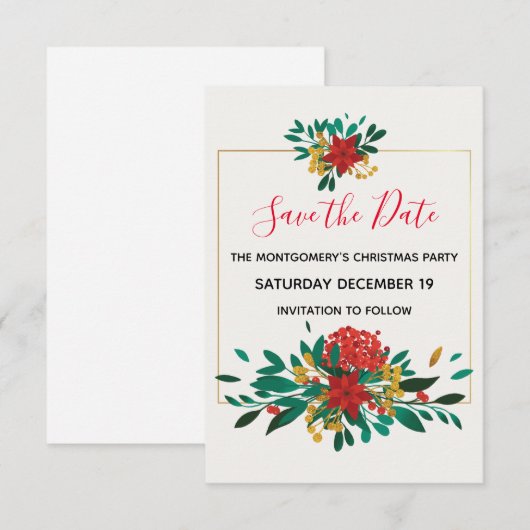 Modern Red Green & Gold Kerstfeest Bouquet Party Save The Date (Voorkant / Achterkant)