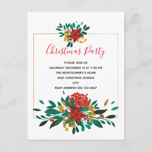Modern Red Green & Gold Kerstfeest Bouquet Party Uitnodiging Briefkaart