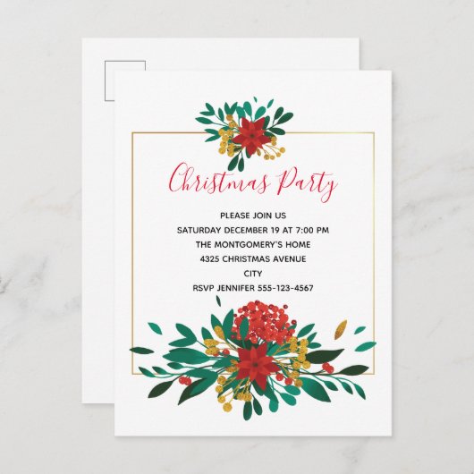 Modern Red Green & Gold Kerstfeest Bouquet Party Uitnodiging Briefkaart (Voorkant / Achterkant)