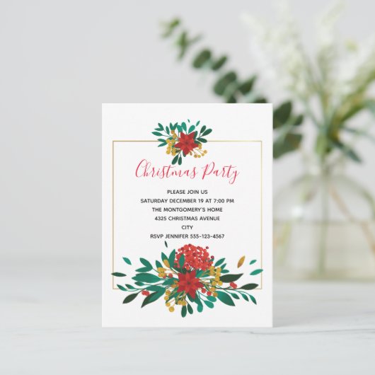 Modern Red Green & Gold Kerstfeest Bouquet Party Uitnodiging Briefkaart (Staand voorkant)