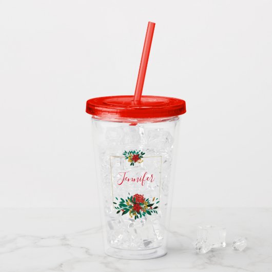 Modern Red Green & Gold KerstFloral Acryl Drinkbeker (Achterkant ijs)