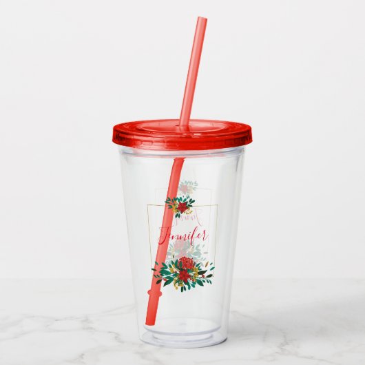 Modern Red Green & Gold KerstFloral Acryl Drinkbeker (Achterkant)