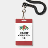Modern Red Green & Gold KerstFloral Badge (Voorzijde met lanyard)