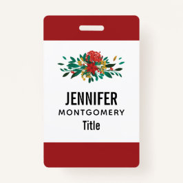 Modern Red Green & Gold KerstFloral Badge