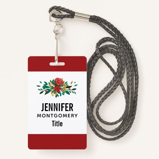 Modern Red Green & Gold KerstFloral Badge (Voorkant met draagriem)