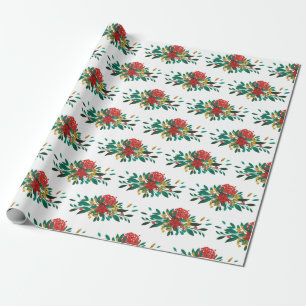 Modern Red Green & Gold KerstFloral Cadeaupapier