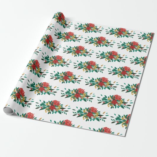 Modern Red Green & Gold KerstFloral Cadeaupapier (Uitgerold)