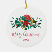 Modern Red Green & Gold KerstFloral Keramisch Ornament (Voorkant)